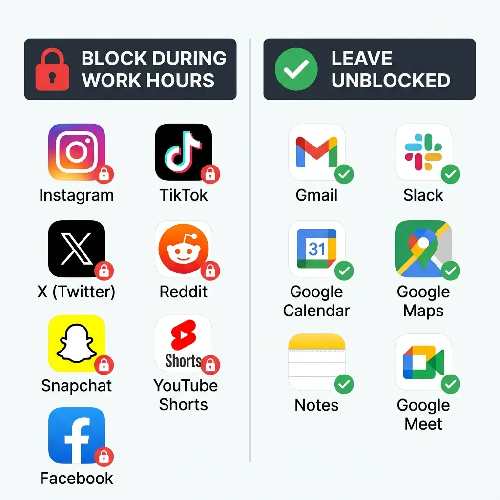 Two-column infographic showing which Android apps to block during work hours using Mindful Guard on the left, and which productivity apps to leave unblocked on the right