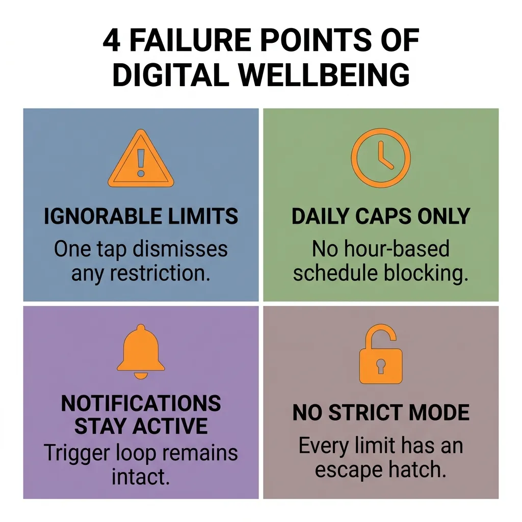 Infographie montrant les quatre principales limitations du Bien-être numérique Android comme outil d'application de la concentration : limites ignorables, plafonds quotidiens uniquement, notifications actives et absence de mode strict
