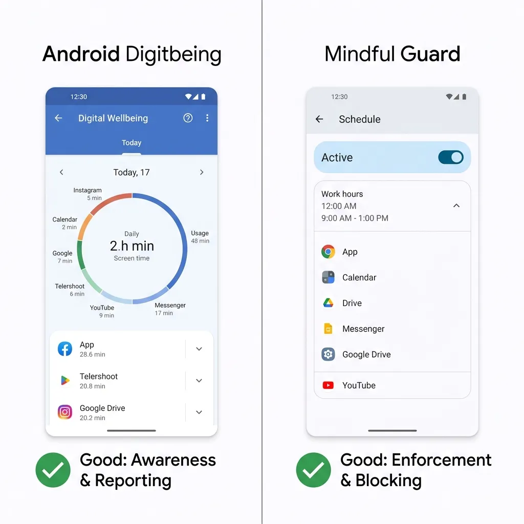 Comparaison écran partagé montrant le tableau de bord de rapports de temps d'écran du Bien-être numérique Android à gauche versus la configuration de blocage programmé de Mindful Guard à droite