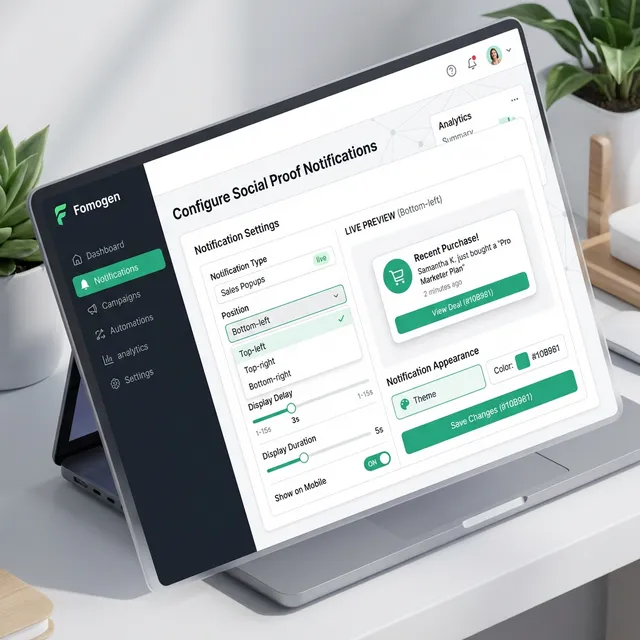 Tableau de bord FomoGen montrant comment configurer une notification de vente pour Shopify