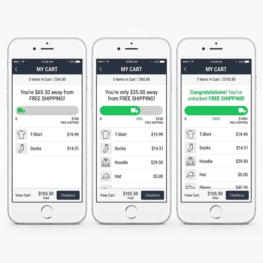 Les trois étapes d'une barre de progression livraison gratuite Shopify sur mobile, de vide à complète