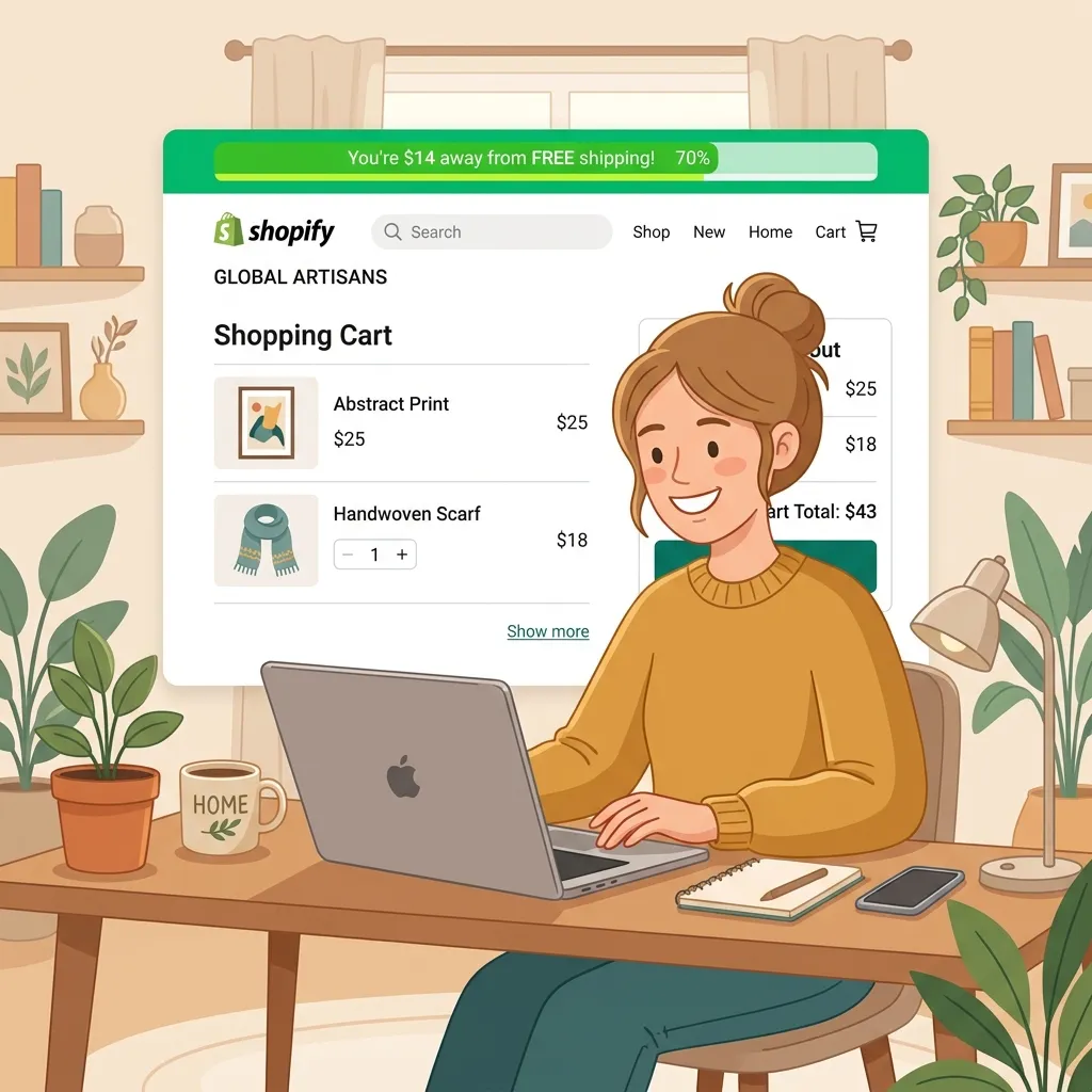 Boutique Shopify montrant une barre de progression livraison gratuite à 70% avec un client sur le point d'ajouter des articles