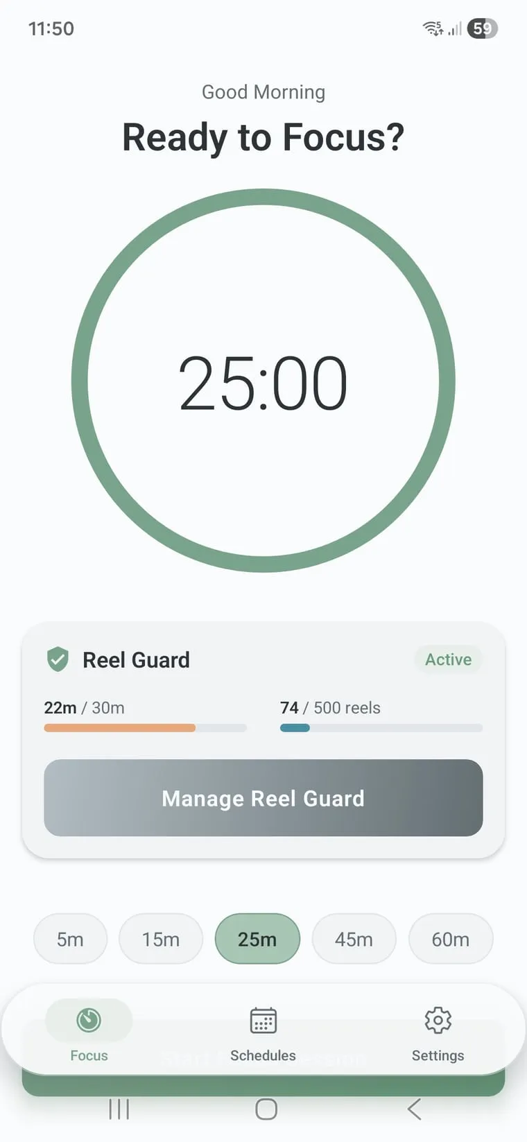 Startbildschirm von Mindful Guard mit 25-Minuten-Fokus-Timer und der heutigen Reel-Guard-Nutzung
