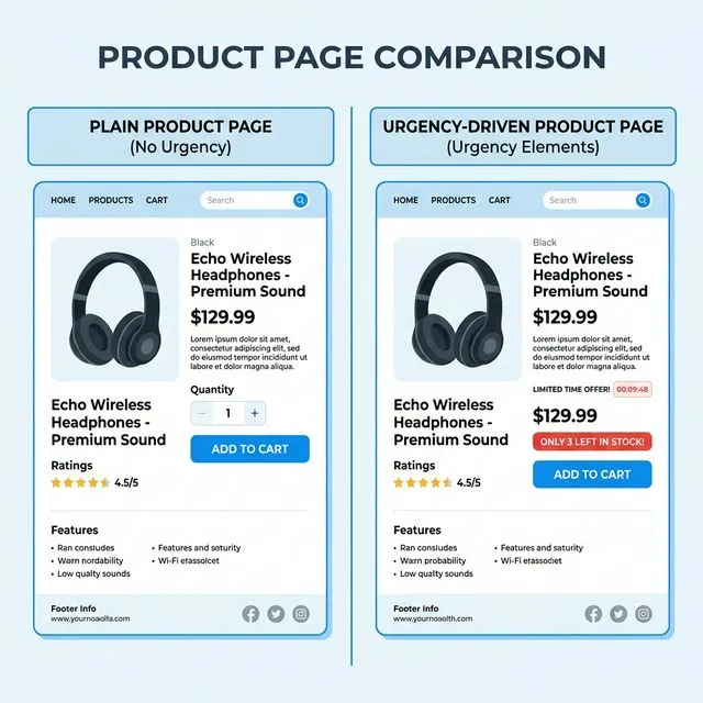 Page produit Shopify avant et après l'ajout d'une alerte de stock bas montrant la différence d'urgence