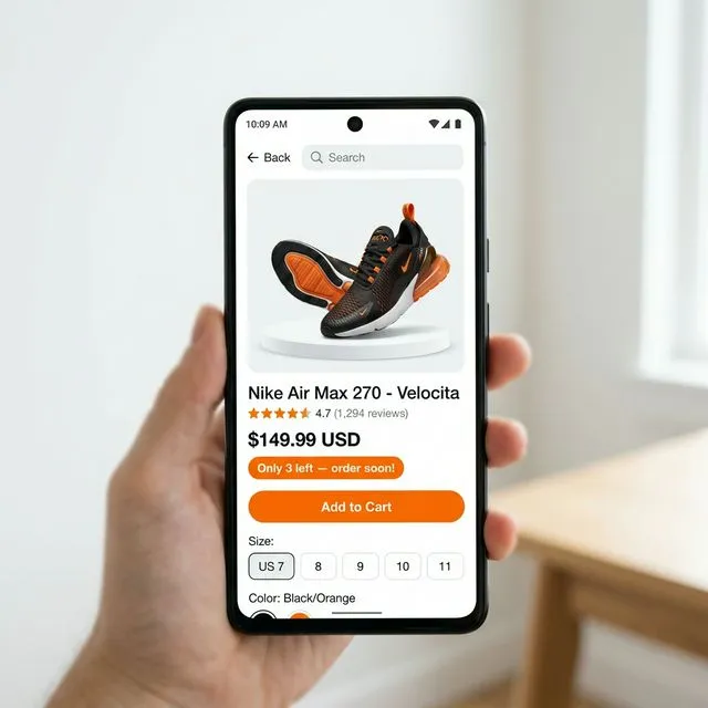 Page produit Shopify mobile montrant une alerte de stock bas lisant "Plus que 3 en stock — commandez vite" au-dessus du bouton ajouter au panier