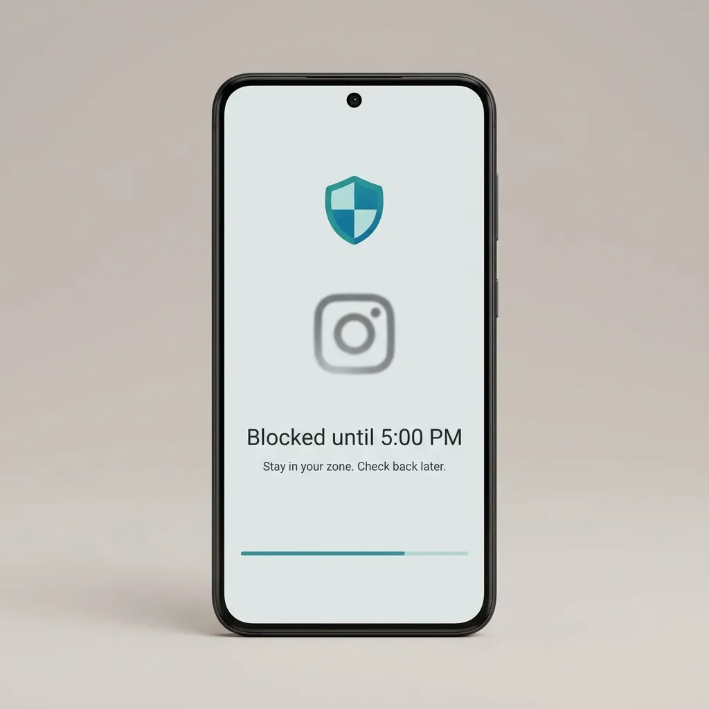 Android phone displaying Mindful Guard's block screen when attempting to open Instagram during work hours, showing "Blocked until 5:00 PM — Stay in your zone" with no override option