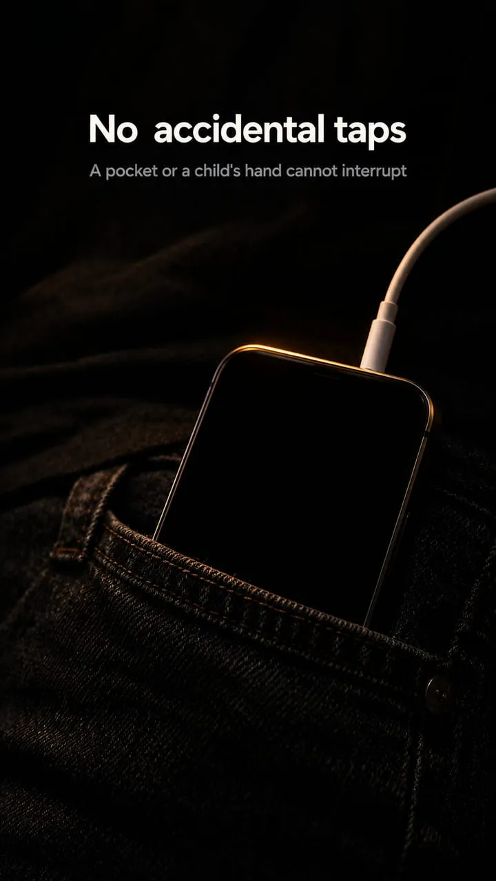 Phone with a black screen in a jeans pocket, connected to earphones