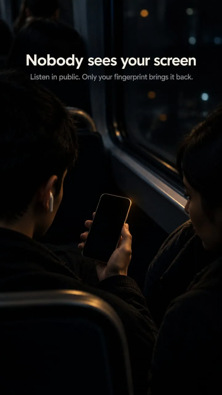 Phone with a black screen held on a night train while audio keeps playing
