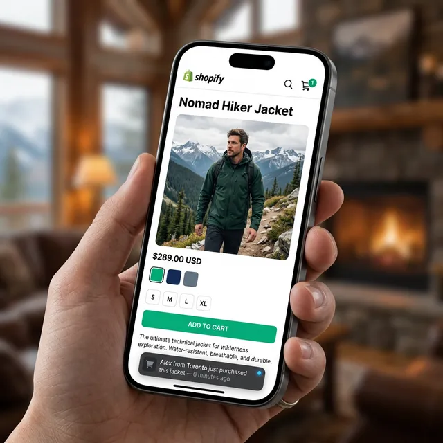 Boutique Shopify mobile montrant une notification de vente sur une page produit