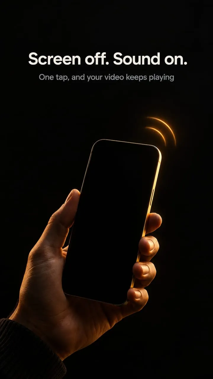 Hand holding a phone with a black screen while sound keeps playing
