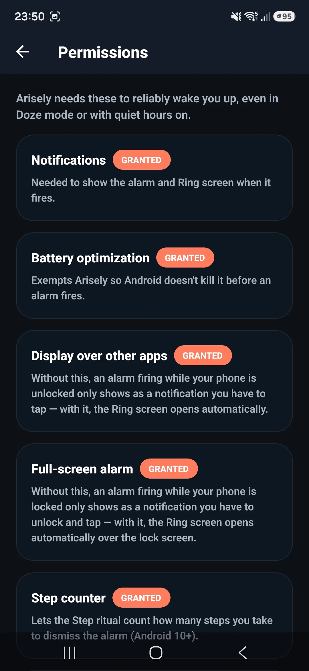 Arisely permissions screen explaining why each permission keeps alarms on time