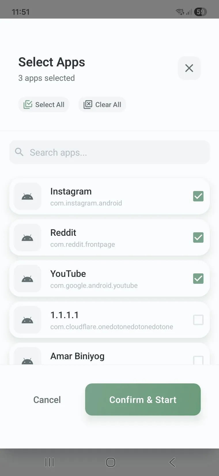 Instagram, Reddit und YouTube zum Blockieren in Mindful Guard auswählen
