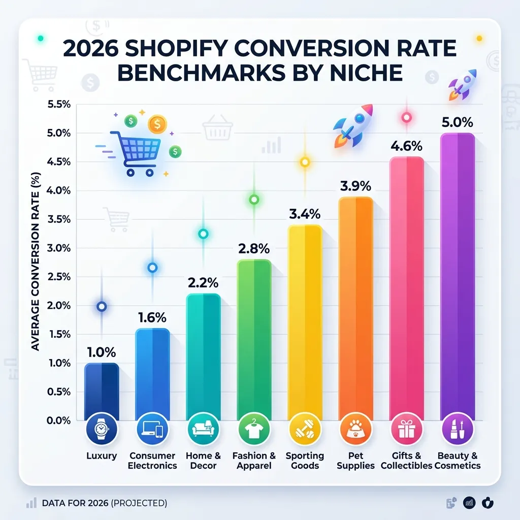 Graphique à barres montrant les benchmarks de taux de conversion Shopify par niche pour 2026, allant du luxe à 1% aux cadeaux et à la beauté à 4,5–5%