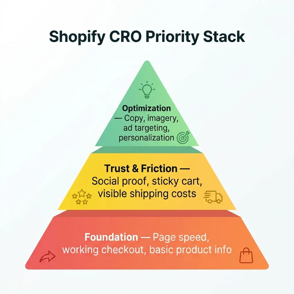 Pyramide à trois niveaux montrant l'ordre de priorité de l'optimisation du taux de conversion Shopify, des corrections de base à l'optimisation avancée