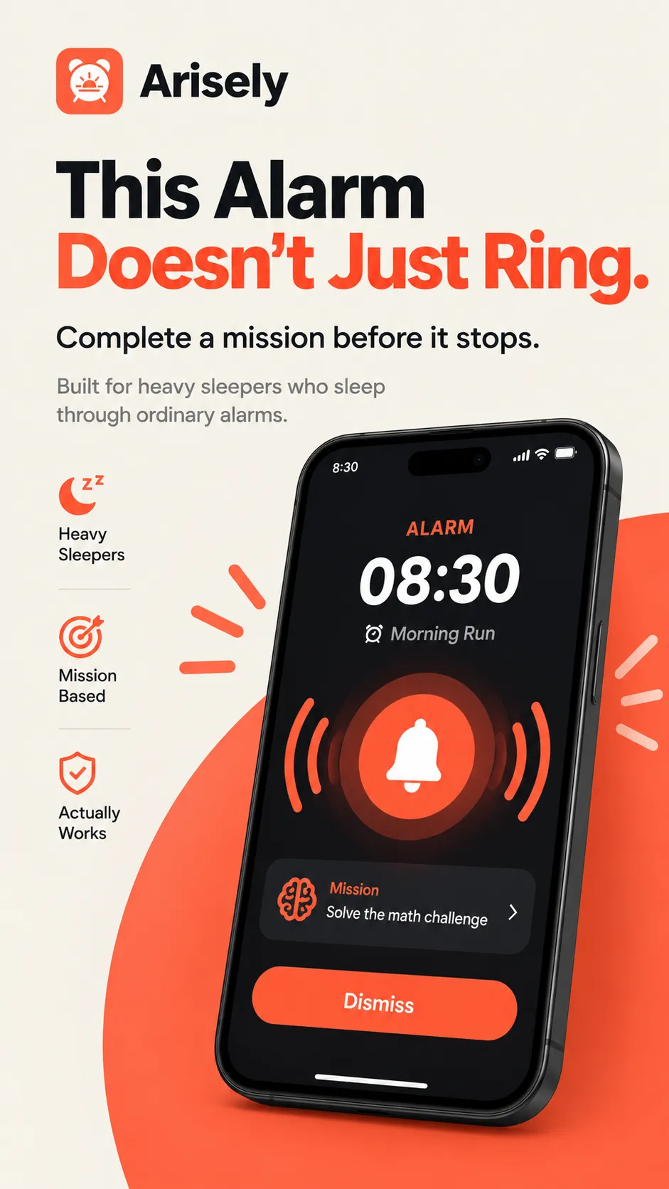 Arisely alarm ring screen asking you to solve a math challenge before it stops