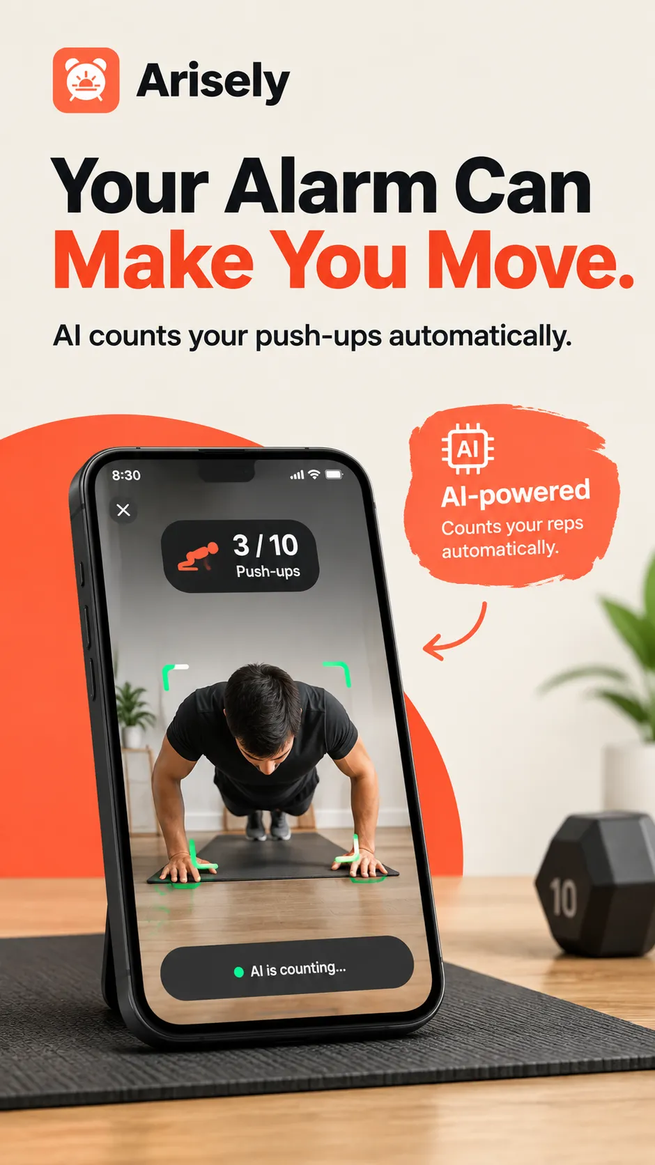 Arisely AI push-up mission counting reps with the camera