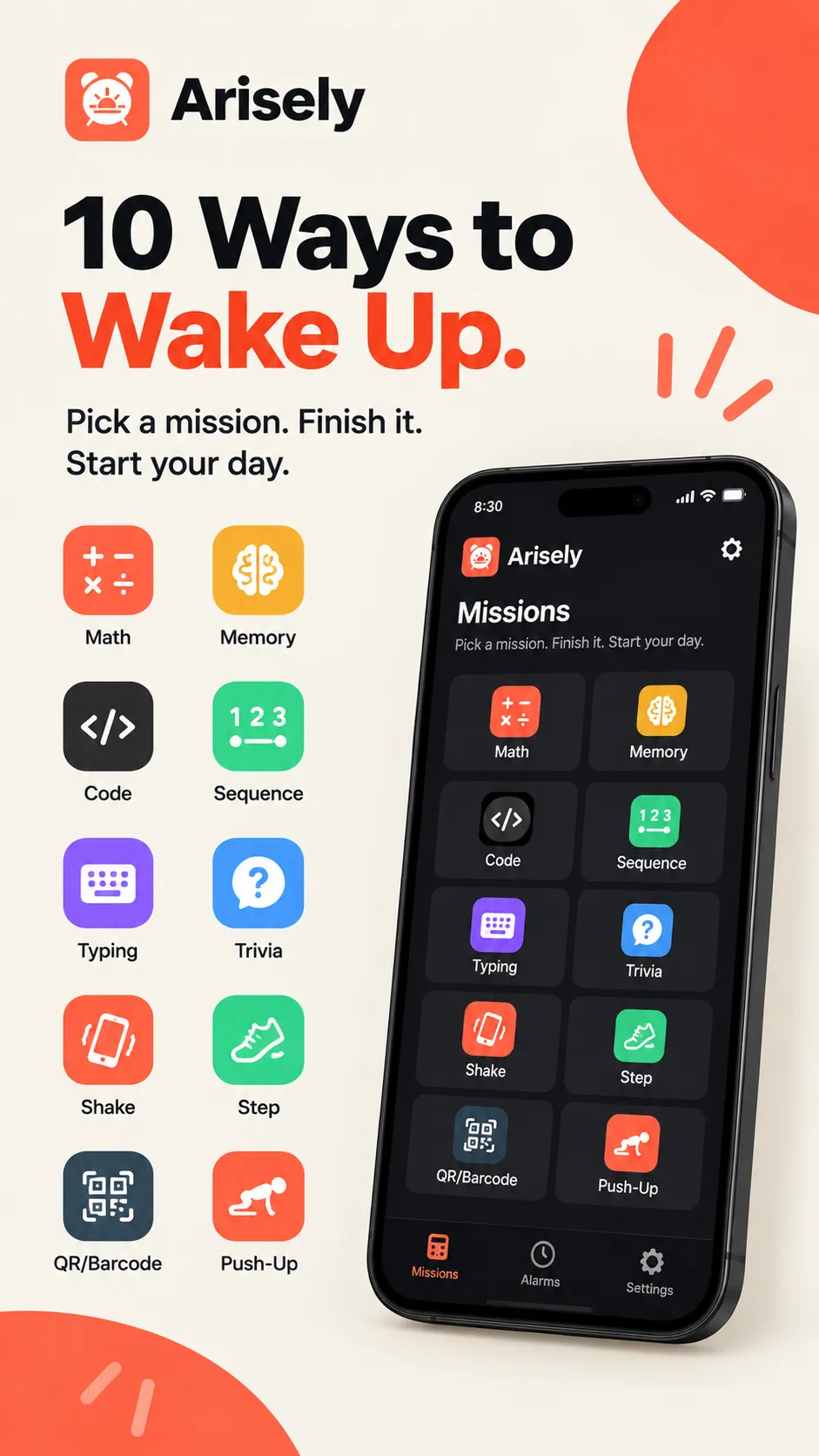 Arisely mission picker showing all 10 wake-up missions