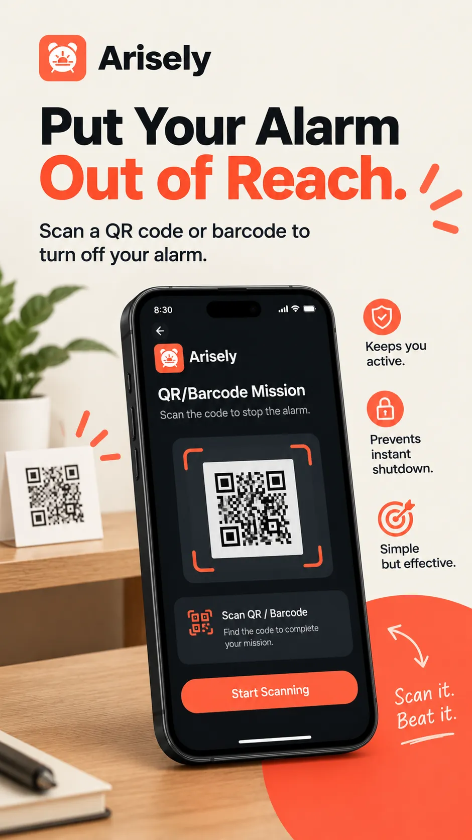 Arisely QR and barcode mission screen