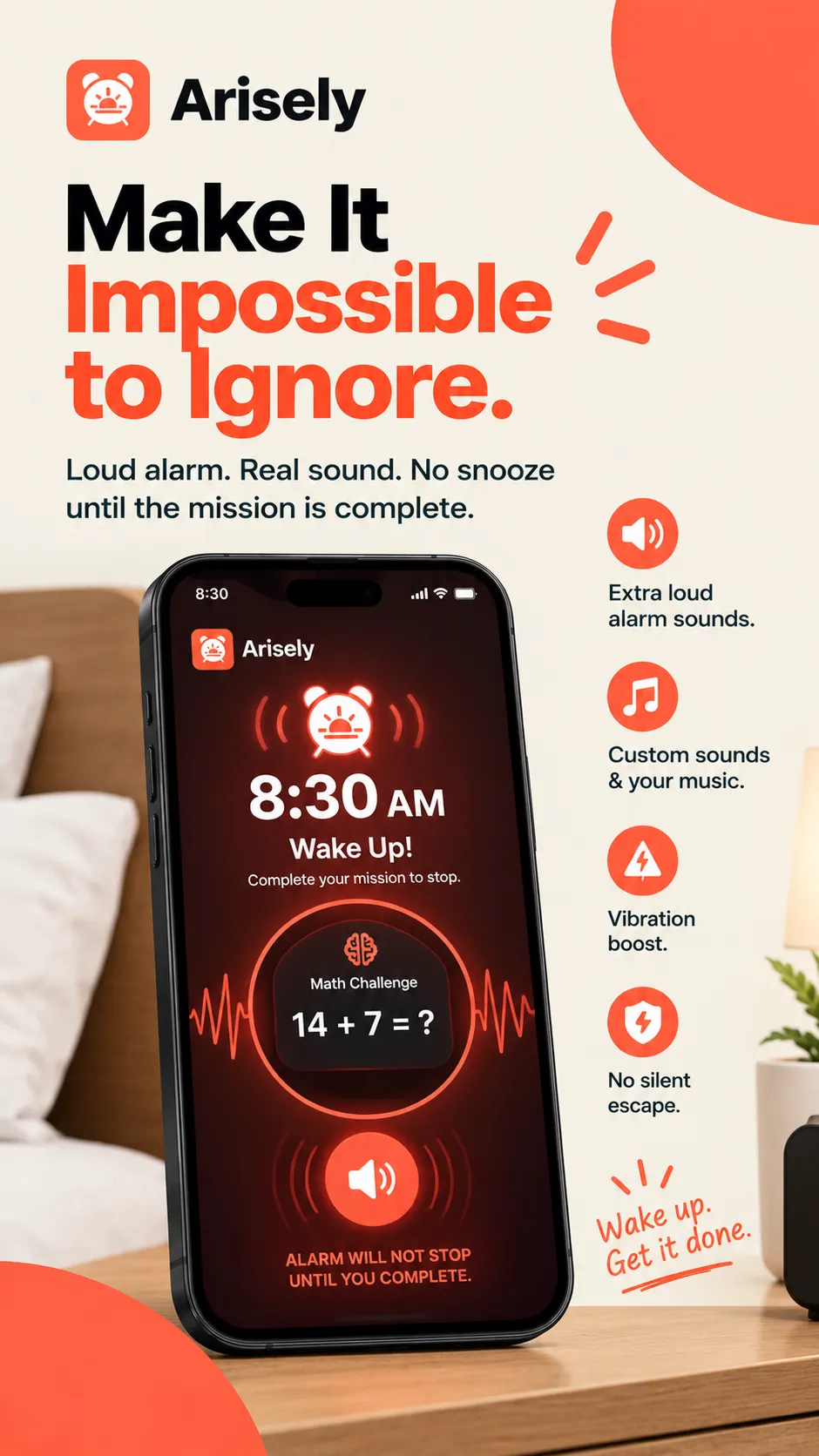 Arisely ring screen with a loud alarm and mission
